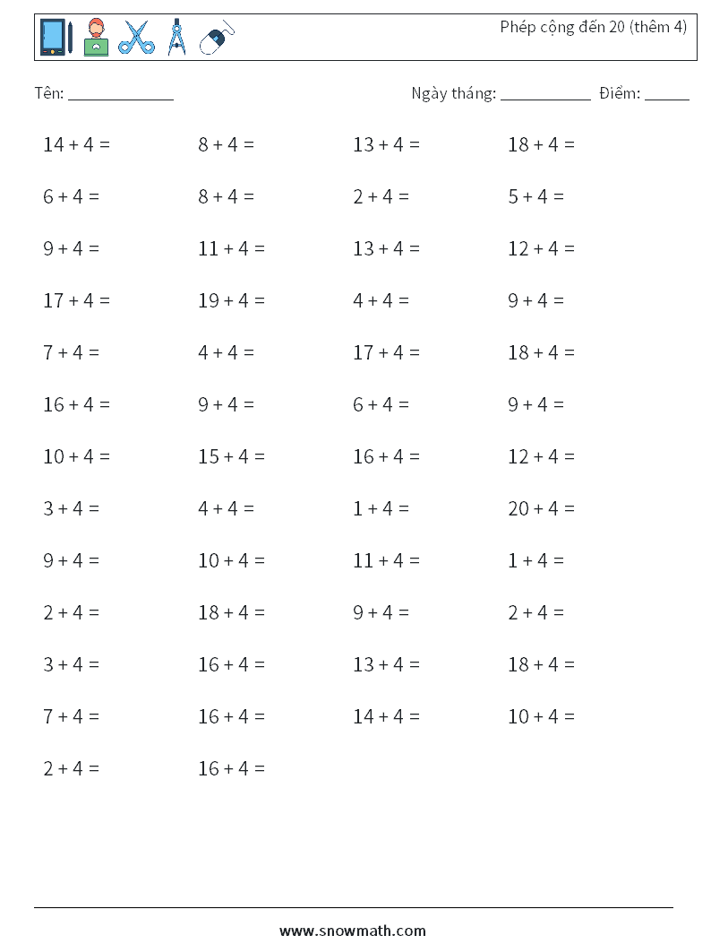 (50) Phép cộng đến 20 (thêm 4) Bảng tính toán học 9