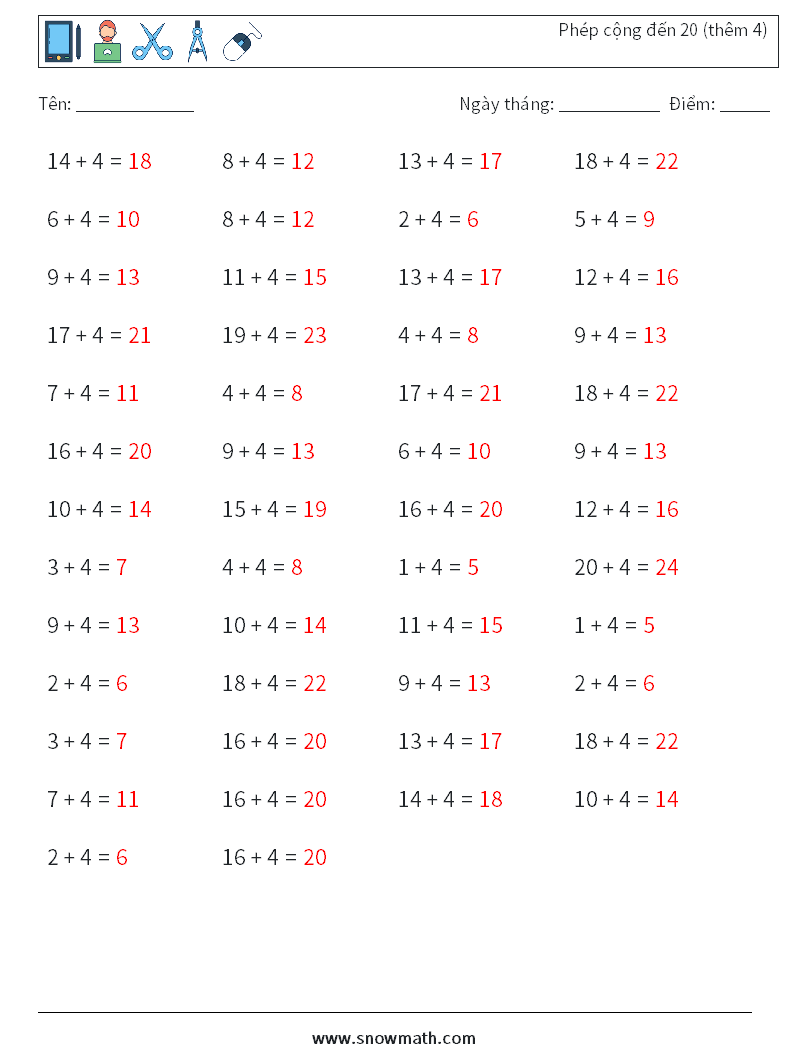 (50) Phép cộng đến 20 (thêm 4) Bảng tính toán học 9 Câu hỏi, câu trả lời