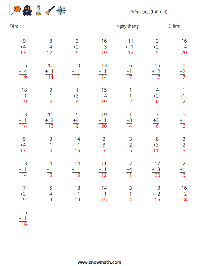 (50) Phép cộng (thêm 4) Bảng tính toán học 11 Câu hỏi, câu trả lời