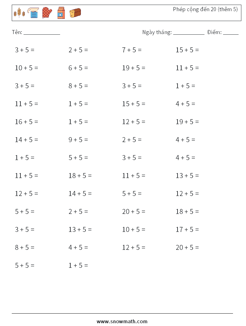 (50) Phép cộng đến 20 (thêm 5) Bảng tính toán học 2