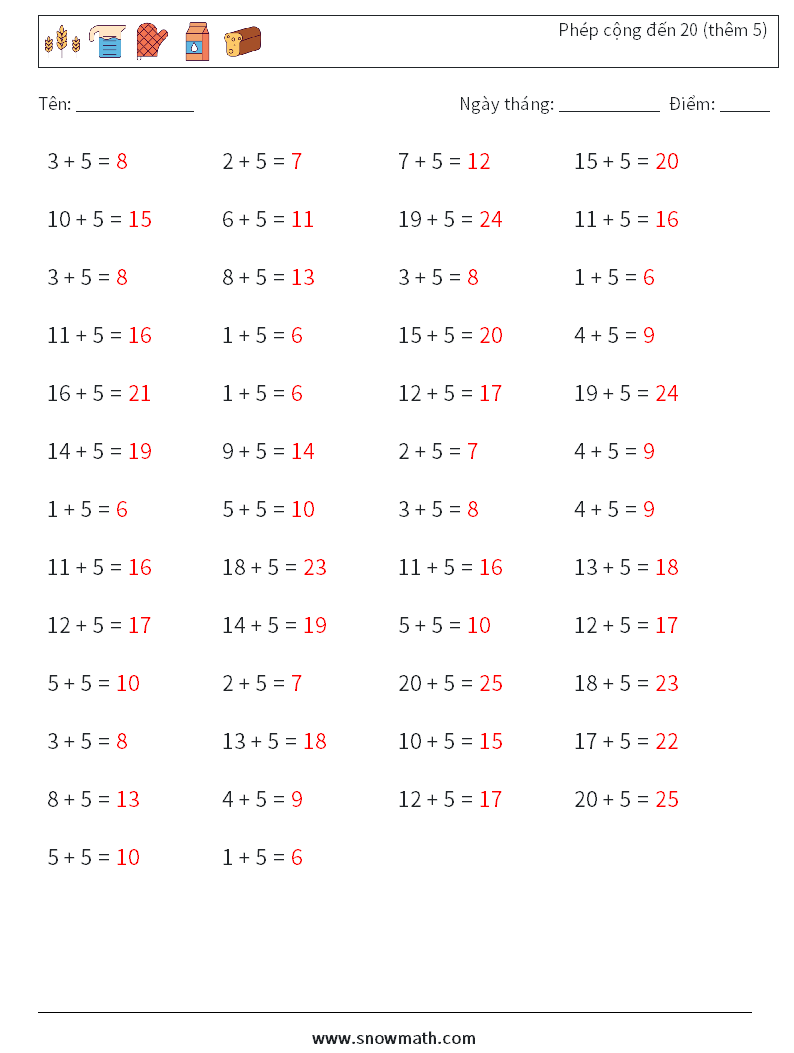 (50) Phép cộng đến 20 (thêm 5) Bảng tính toán học 2 Câu hỏi, câu trả lời