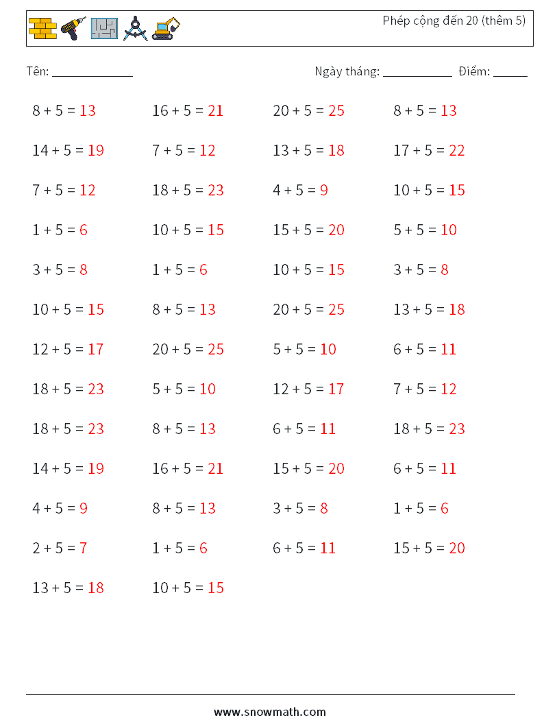 (50) Phép cộng đến 20 (thêm 5) Bảng tính toán học 3 Câu hỏi, câu trả lời