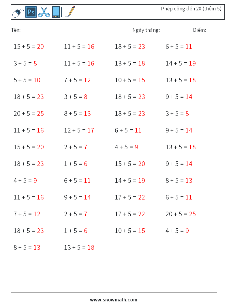 (50) Phép cộng đến 20 (thêm 5) Bảng tính toán học 4 Câu hỏi, câu trả lời