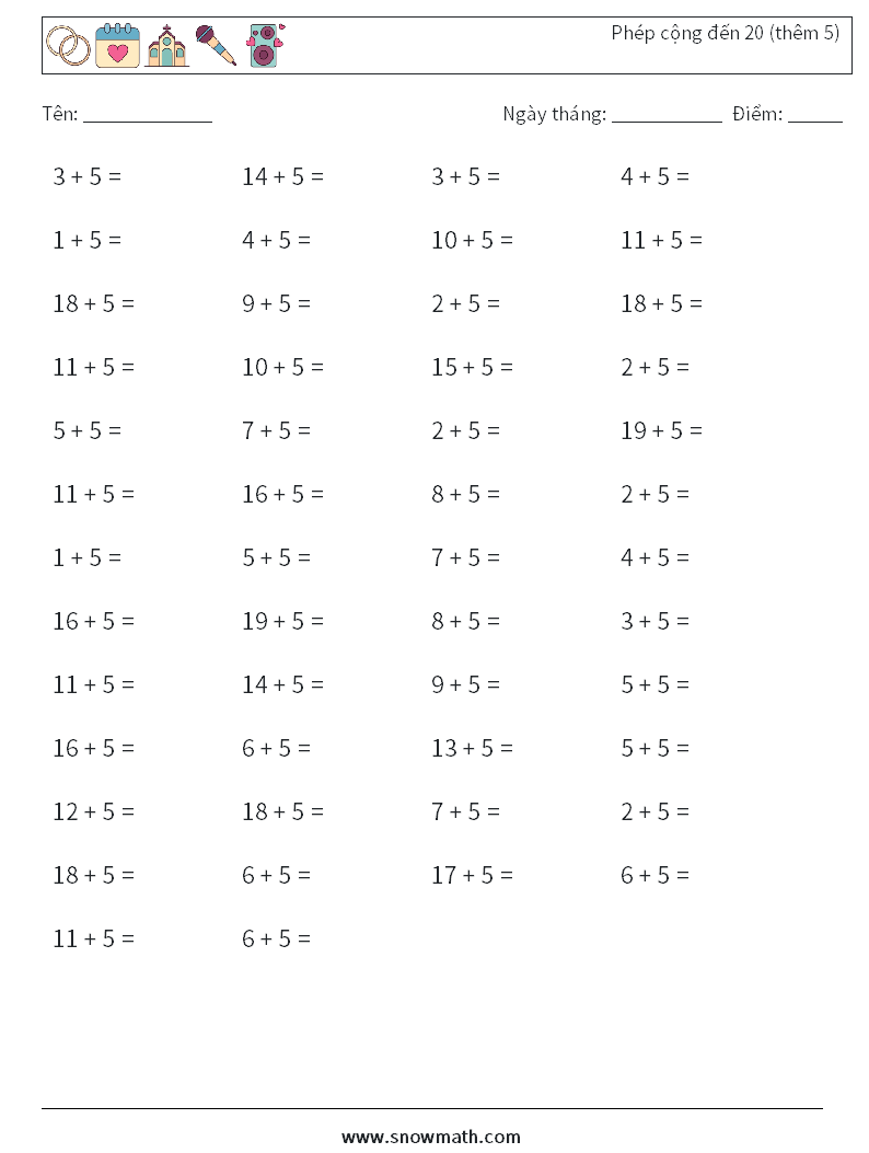 (50) Phép cộng đến 20 (thêm 5) Bảng tính toán học 5