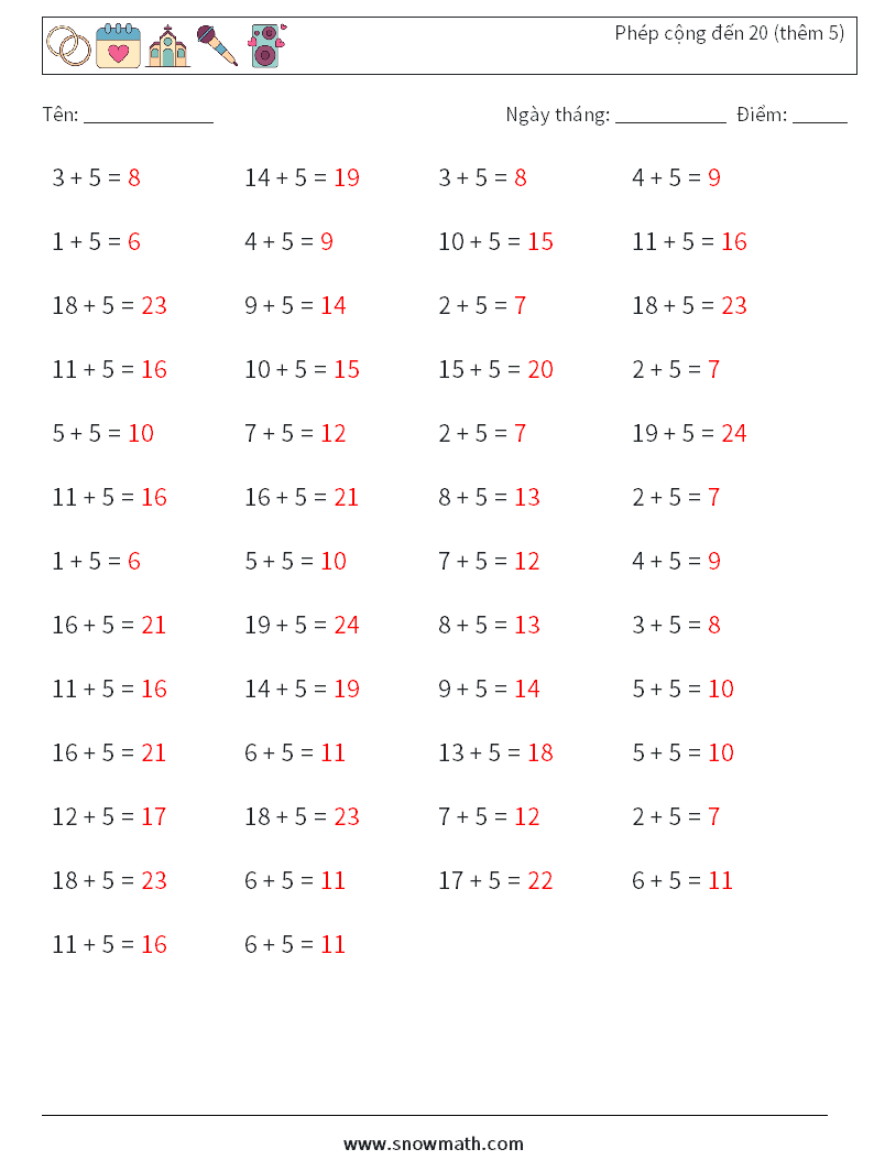 (50) Phép cộng đến 20 (thêm 5) Bảng tính toán học 5 Câu hỏi, câu trả lời