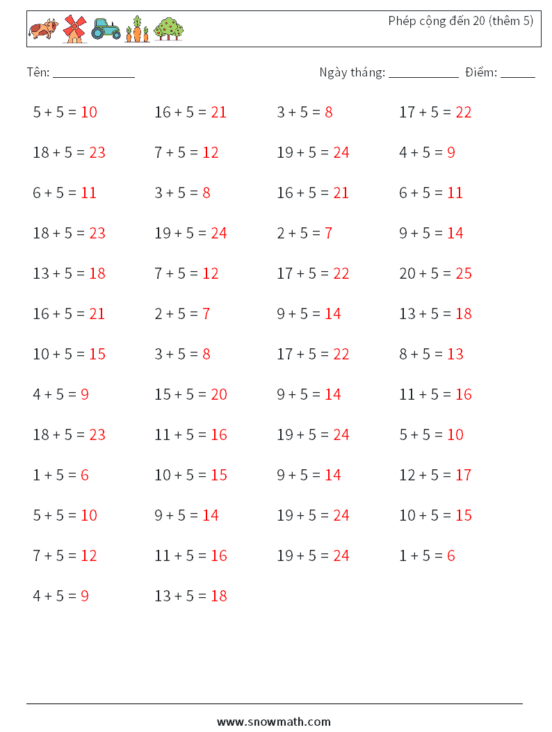 (50) Phép cộng đến 20 (thêm 5) Bảng tính toán học 6 Câu hỏi, câu trả lời