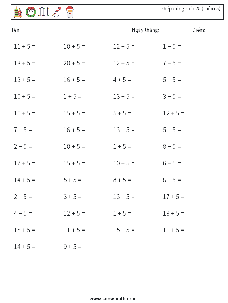 (50) Phép cộng đến 20 (thêm 5) Bảng tính toán học 7