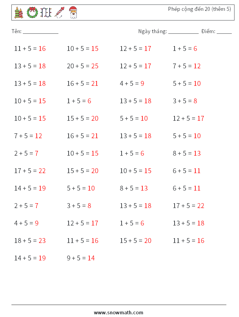 (50) Phép cộng đến 20 (thêm 5) Bảng tính toán học 7 Câu hỏi, câu trả lời