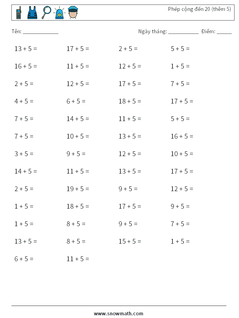 (50) Phép cộng đến 20 (thêm 5) Bảng tính toán học 8