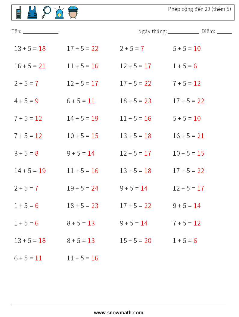 (50) Phép cộng đến 20 (thêm 5) Bảng tính toán học 8 Câu hỏi, câu trả lời