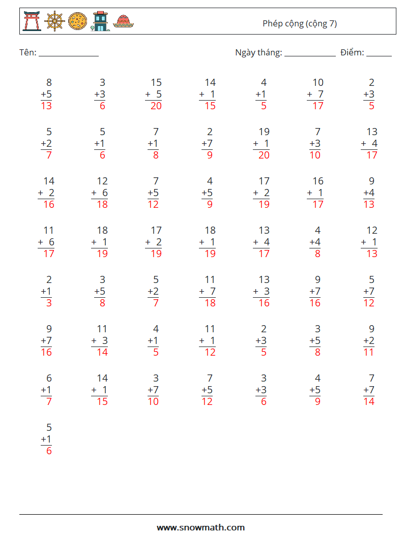 (50) Phép cộng (cộng 7) Bảng tính toán học 18 Câu hỏi, câu trả lời
