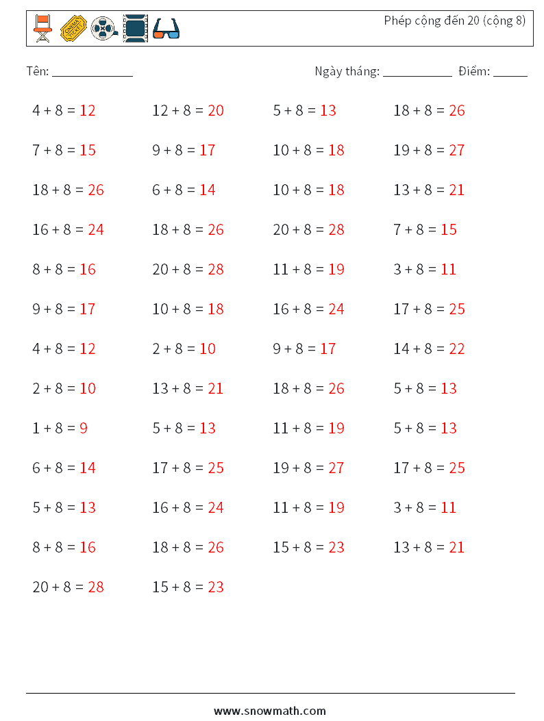 (50) Phép cộng đến 20 (cộng 8) Bảng tính toán học 1 Câu hỏi, câu trả lời