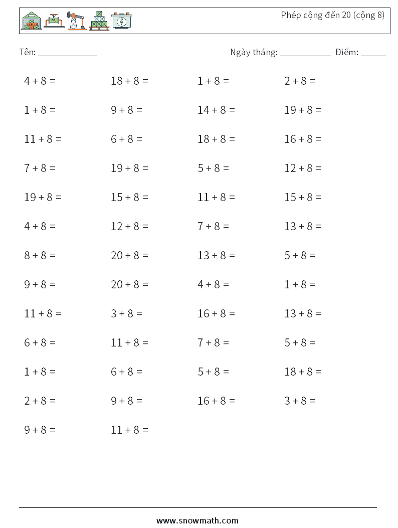 (50) Phép cộng đến 20 (cộng 8) Bảng tính toán học 2