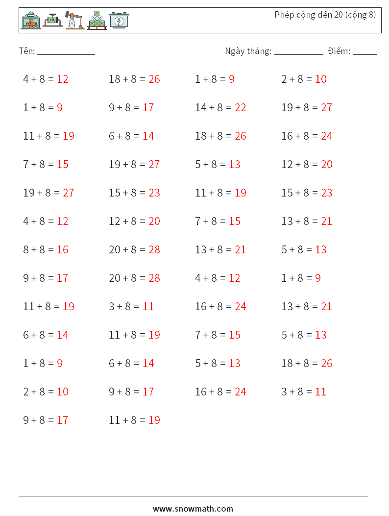 (50) Phép cộng đến 20 (cộng 8) Bảng tính toán học 2 Câu hỏi, câu trả lời