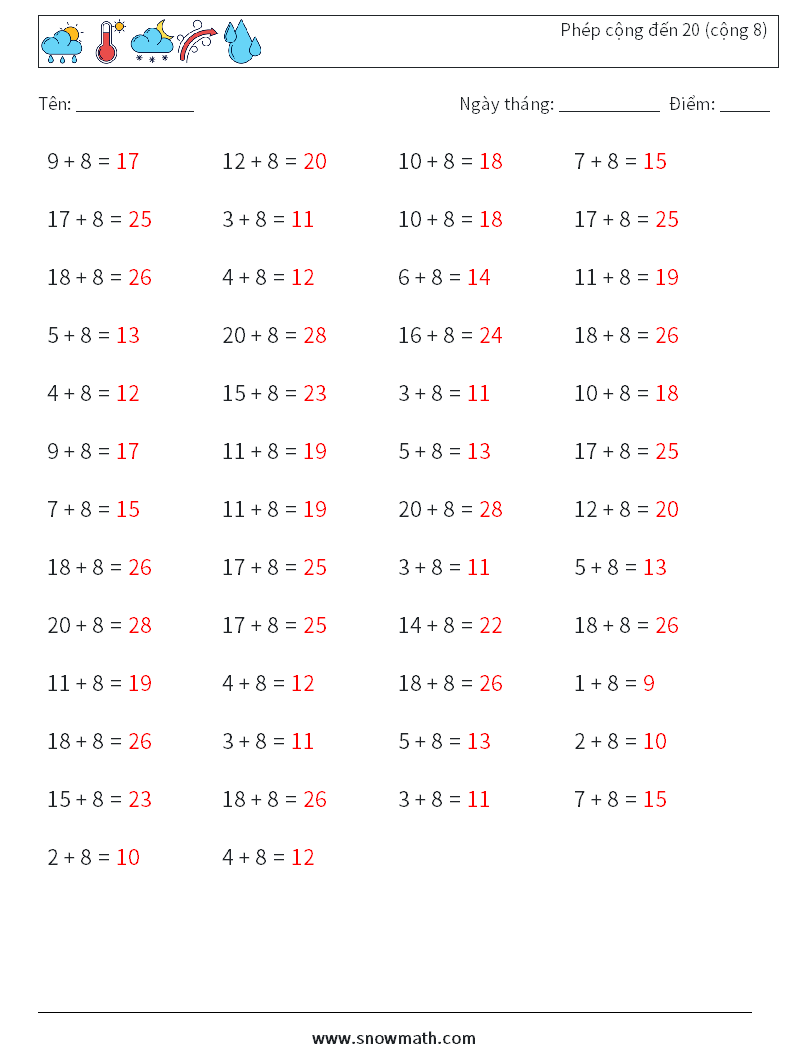 (50) Phép cộng đến 20 (cộng 8) Bảng tính toán học 3 Câu hỏi, câu trả lời