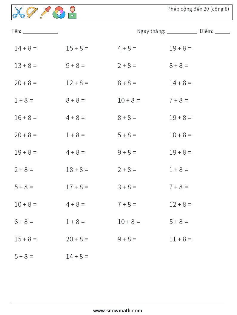 (50) Phép cộng đến 20 (cộng 8) Bảng tính toán học 4