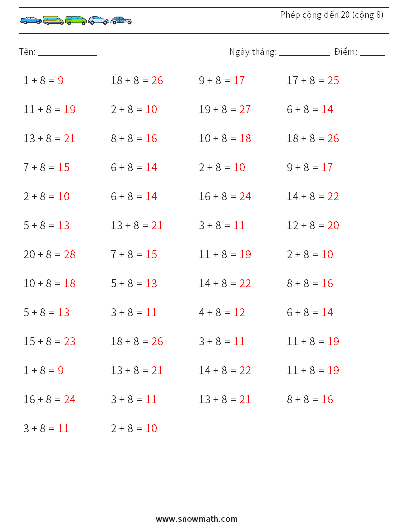 (50) Phép cộng đến 20 (cộng 8) Bảng tính toán học 5 Câu hỏi, câu trả lời