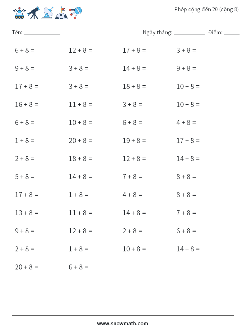 (50) Phép cộng đến 20 (cộng 8) Bảng tính toán học 6