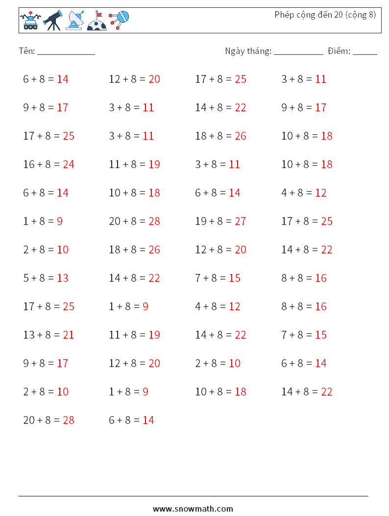 (50) Phép cộng đến 20 (cộng 8) Bảng tính toán học 6 Câu hỏi, câu trả lời