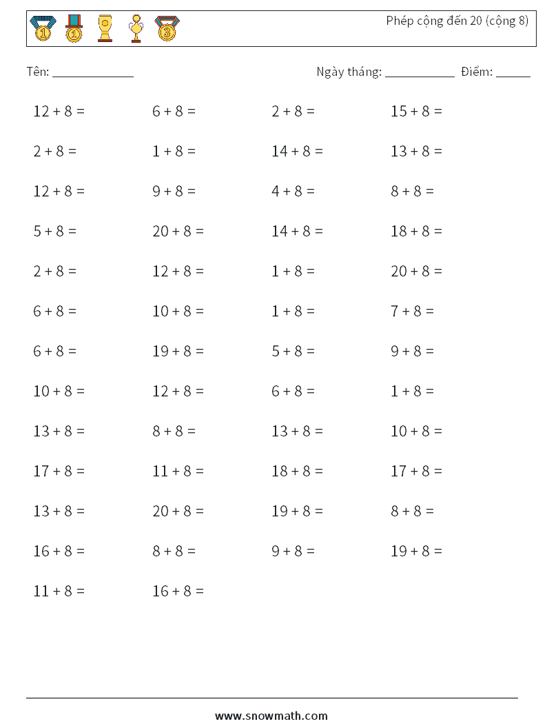 (50) Phép cộng đến 20 (cộng 8) Bảng tính toán học 7