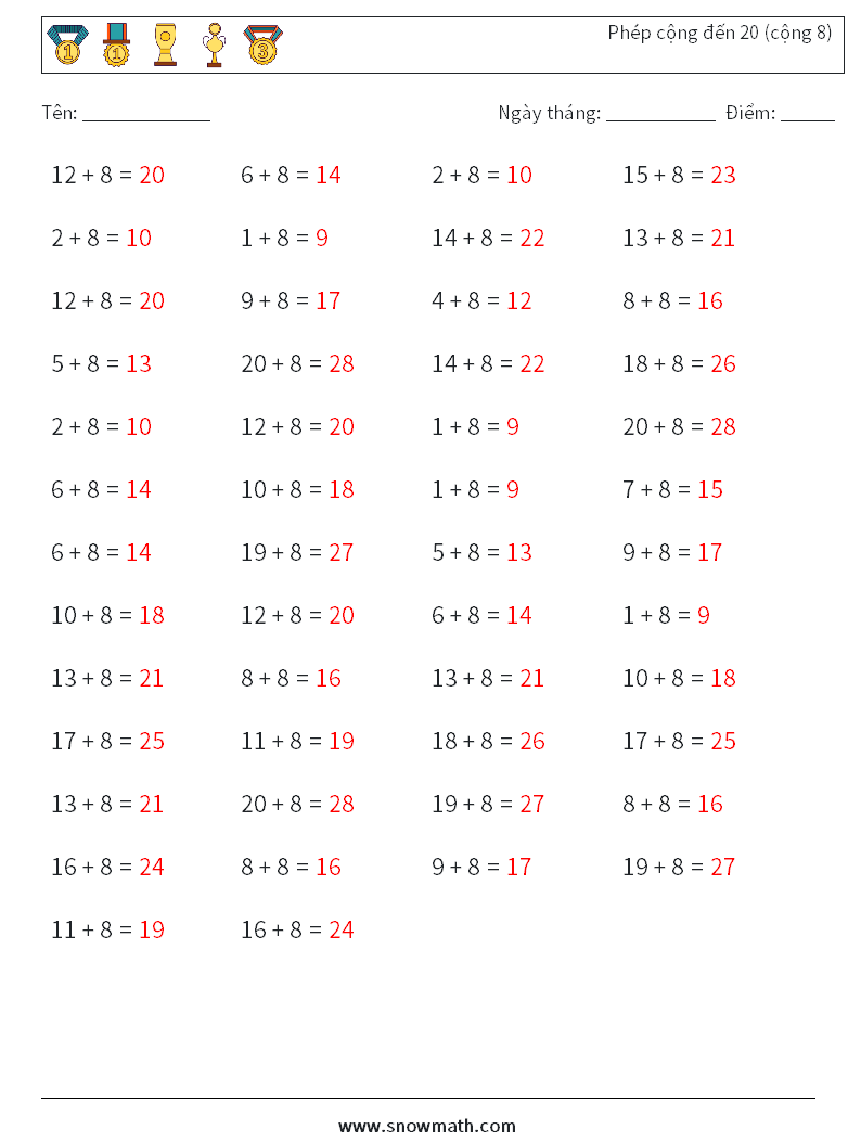 (50) Phép cộng đến 20 (cộng 8) Bảng tính toán học 7 Câu hỏi, câu trả lời