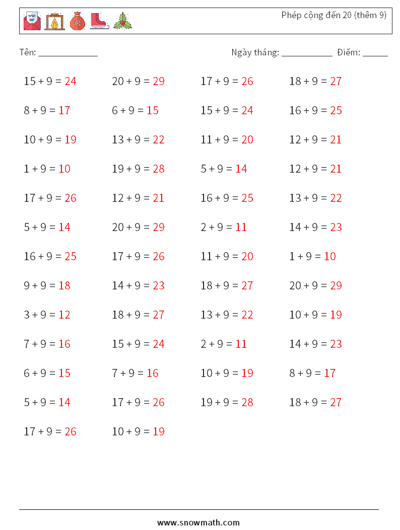 (50) Phép cộng đến 20 (thêm 9) Bảng tính toán học 1 Câu hỏi, câu trả lời