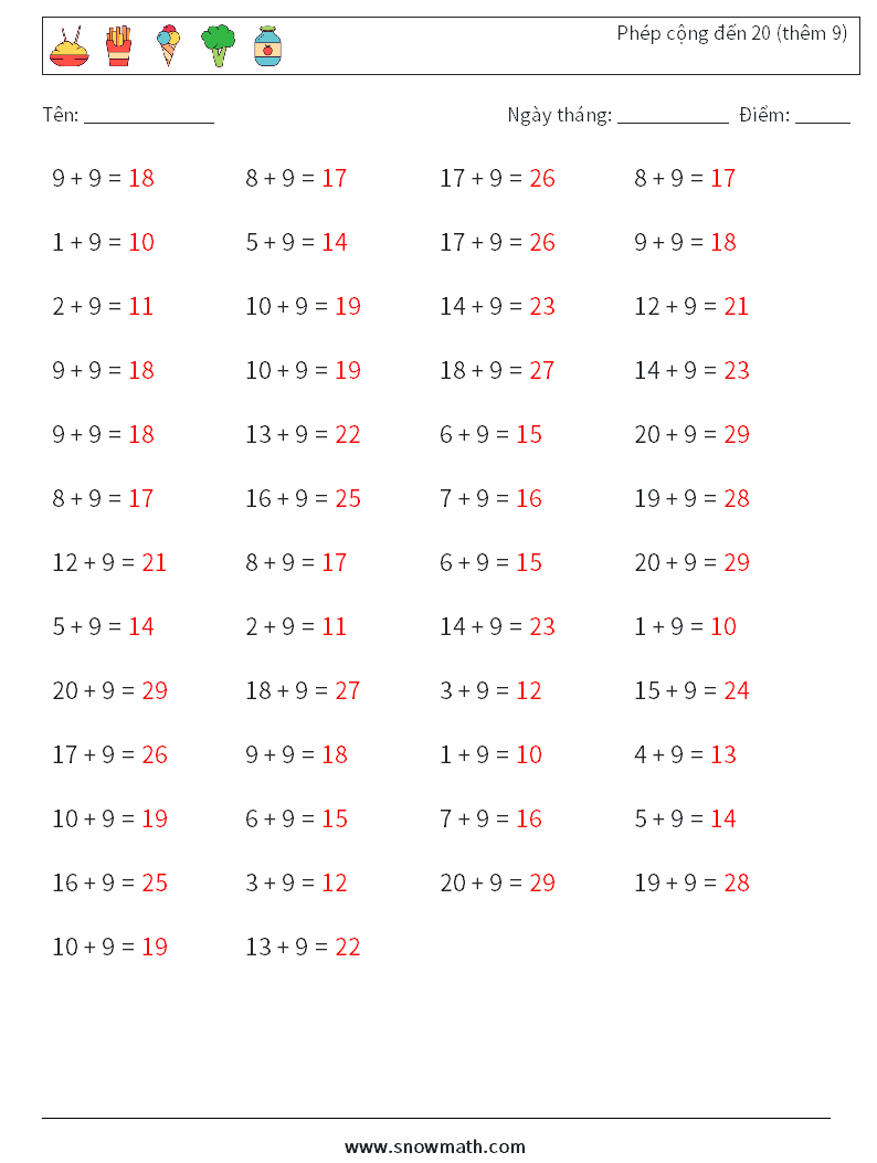 (50) Phép cộng đến 20 (thêm 9) Bảng tính toán học 2 Câu hỏi, câu trả lời