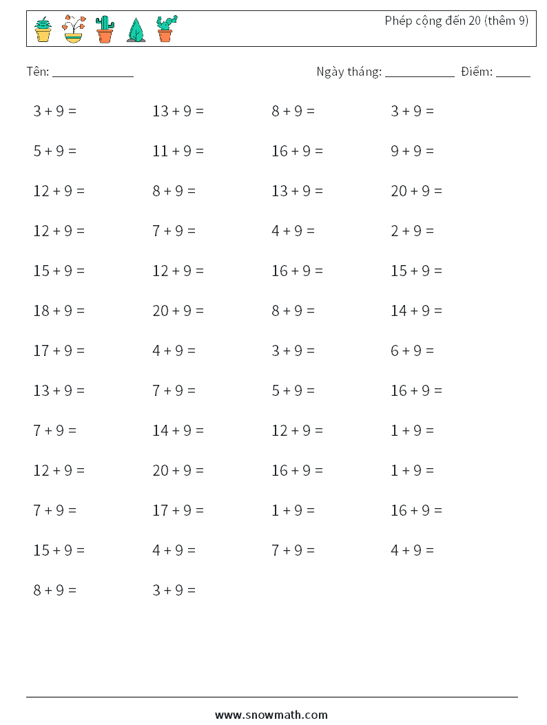 (50) Phép cộng đến 20 (thêm 9) Bảng tính toán học 3