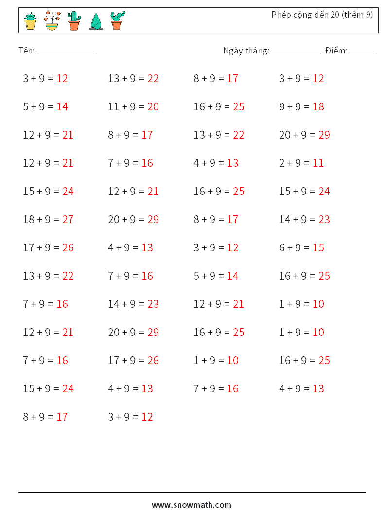 (50) Phép cộng đến 20 (thêm 9) Bảng tính toán học 3 Câu hỏi, câu trả lời
