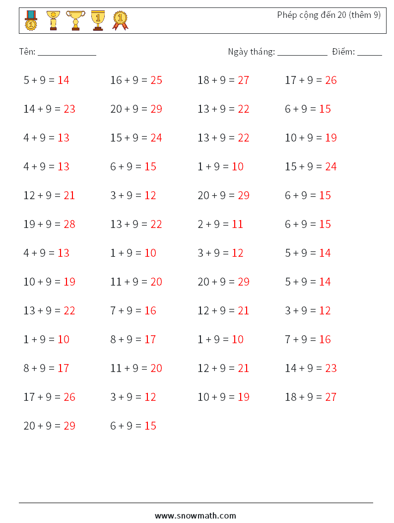 (50) Phép cộng đến 20 (thêm 9) Bảng tính toán học 4 Câu hỏi, câu trả lời