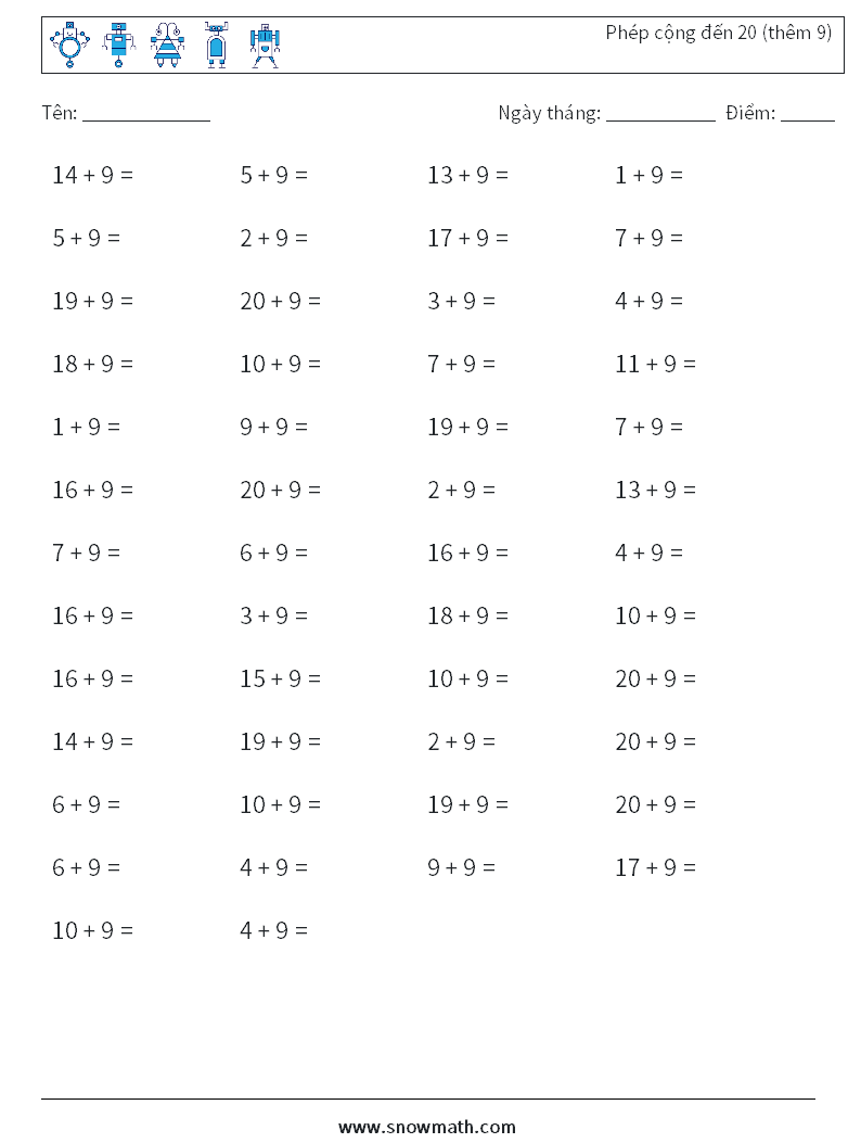 (50) Phép cộng đến 20 (thêm 9) Bảng tính toán học 5