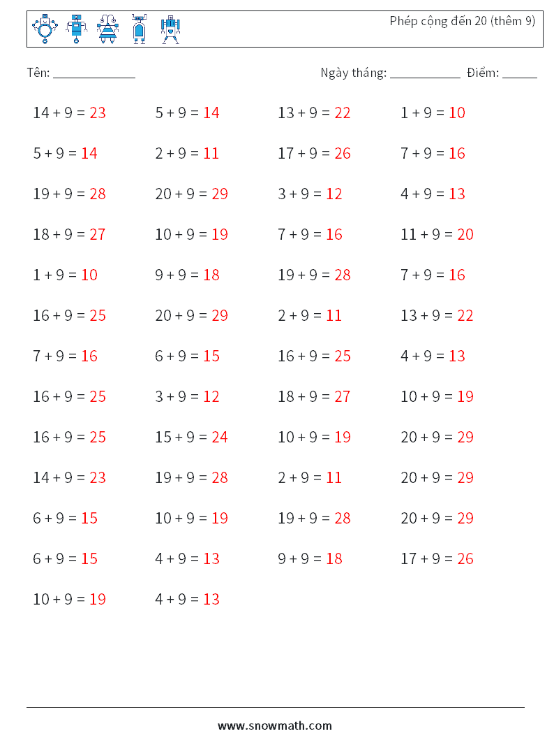 (50) Phép cộng đến 20 (thêm 9) Bảng tính toán học 5 Câu hỏi, câu trả lời