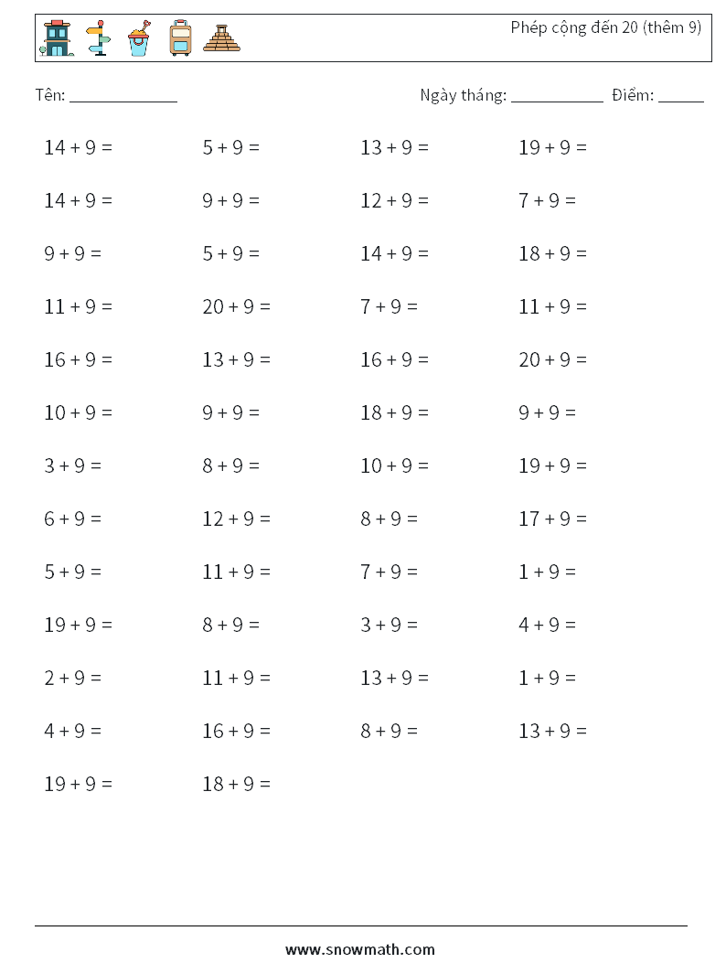 (50) Phép cộng đến 20 (thêm 9) Bảng tính toán học 6