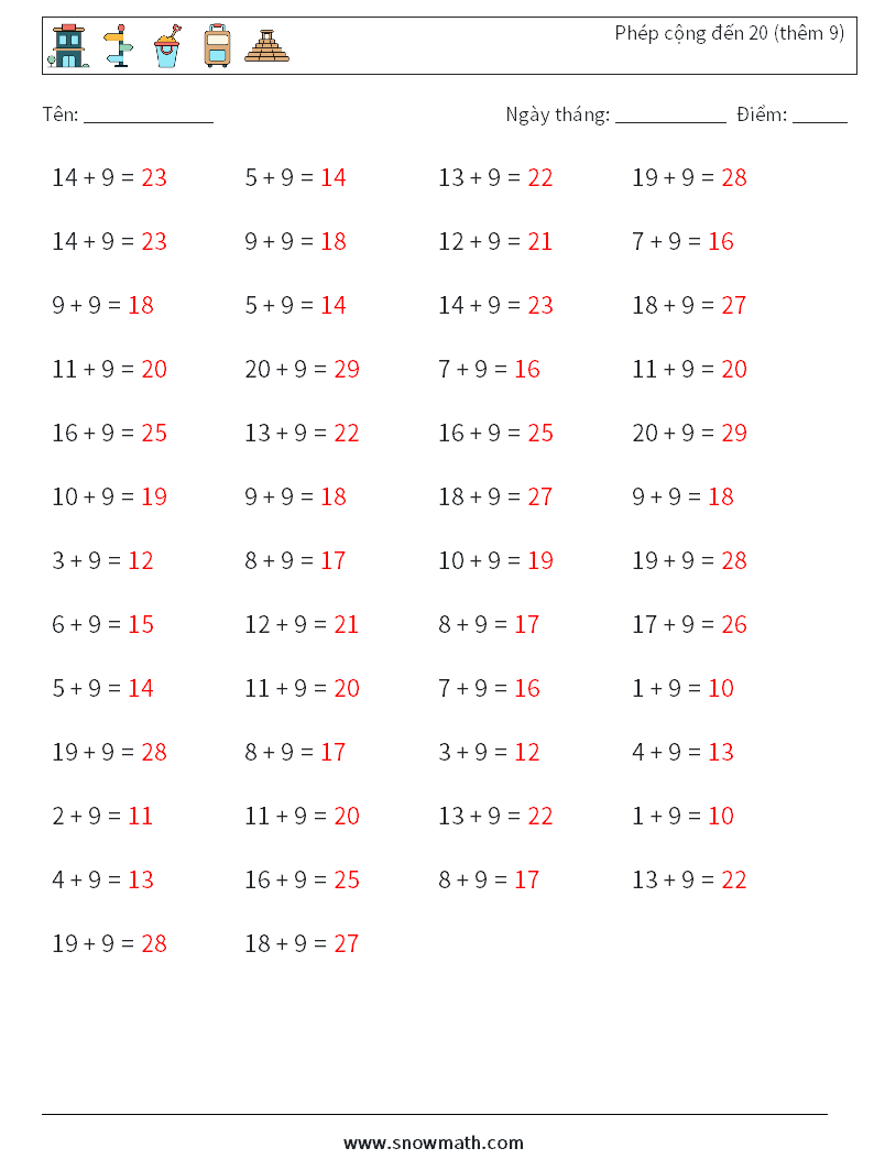 (50) Phép cộng đến 20 (thêm 9) Bảng tính toán học 6 Câu hỏi, câu trả lời