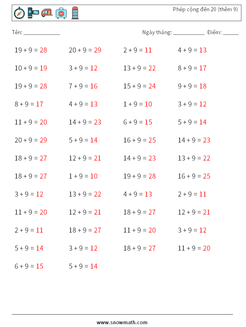 (50) Phép cộng đến 20 (thêm 9) Bảng tính toán học 7 Câu hỏi, câu trả lời