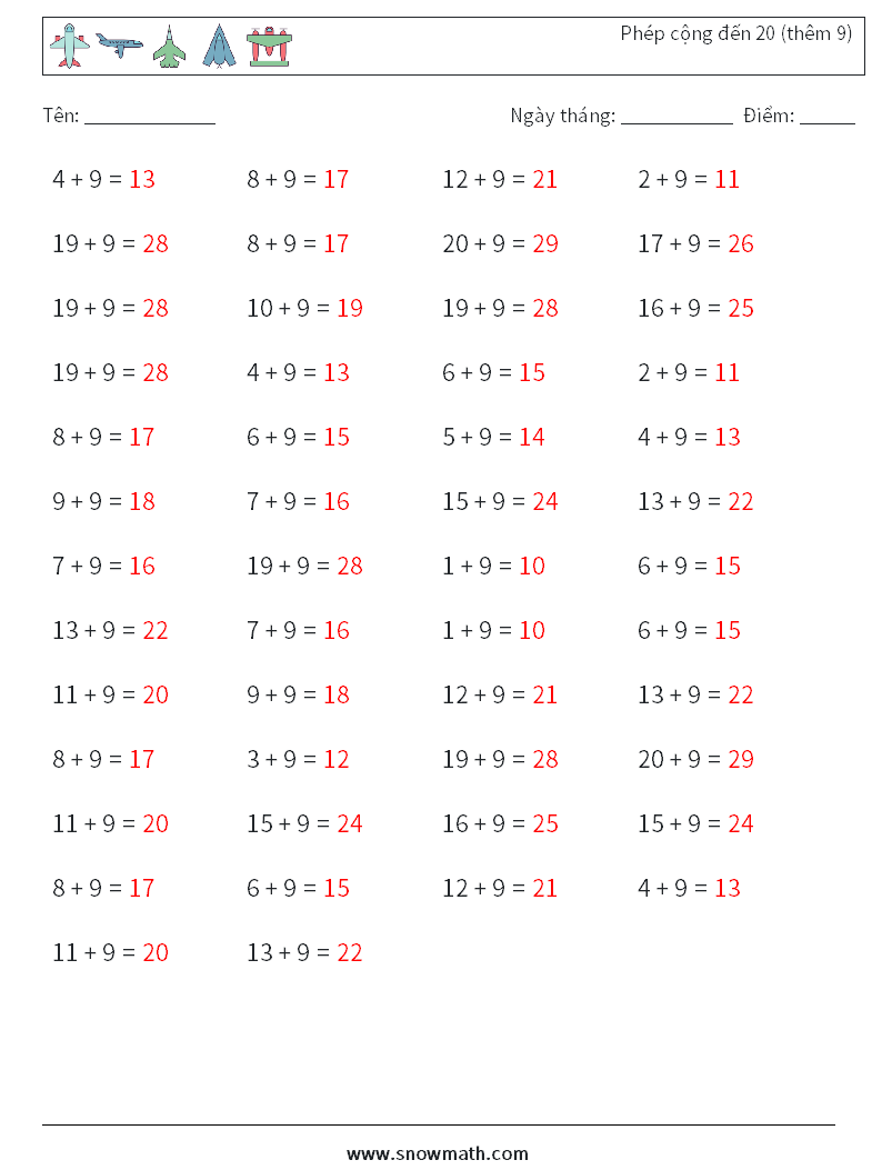 (50) Phép cộng đến 20 (thêm 9) Bảng tính toán học 8 Câu hỏi, câu trả lời