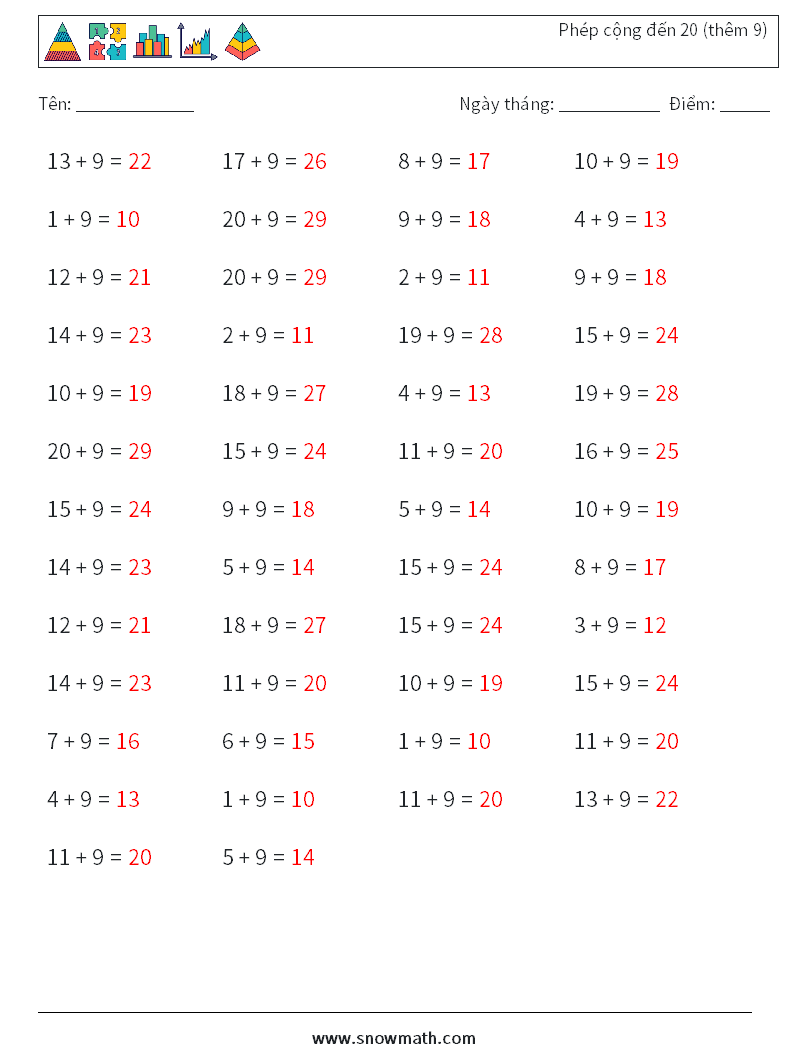 (50) Phép cộng đến 20 (thêm 9) Bảng tính toán học 9 Câu hỏi, câu trả lời