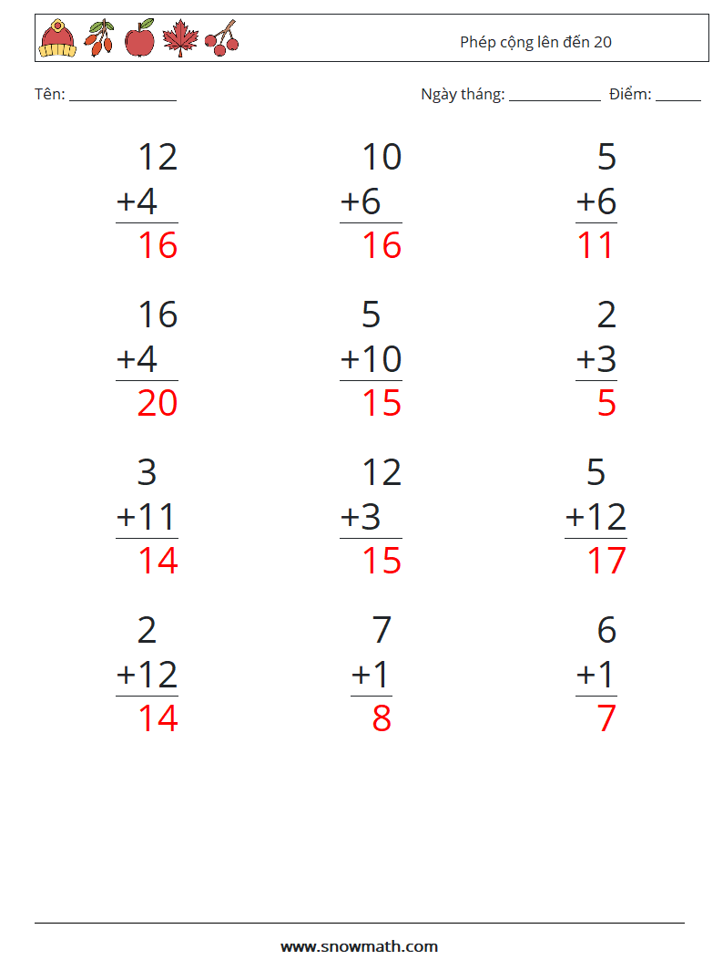 (12) Phép cộng lên đến 20 Bảng tính toán học 10 Câu hỏi, câu trả lời