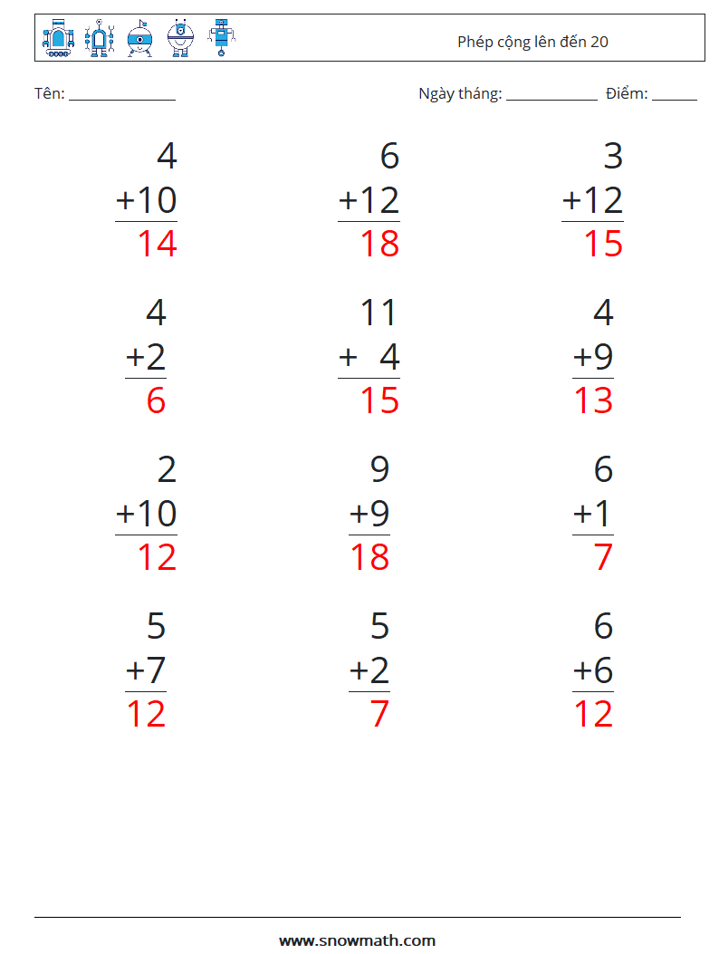 (12) Phép cộng lên đến 20 Bảng tính toán học 11 Câu hỏi, câu trả lời