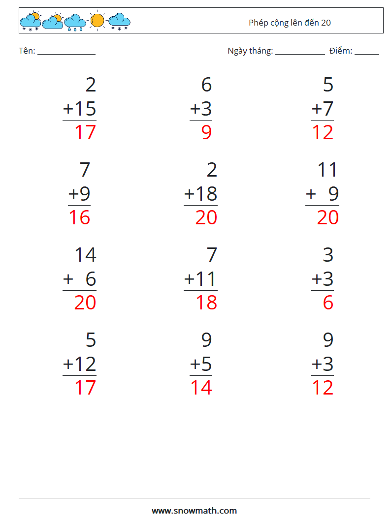 (12) Phép cộng lên đến 20 Bảng tính toán học 13 Câu hỏi, câu trả lời