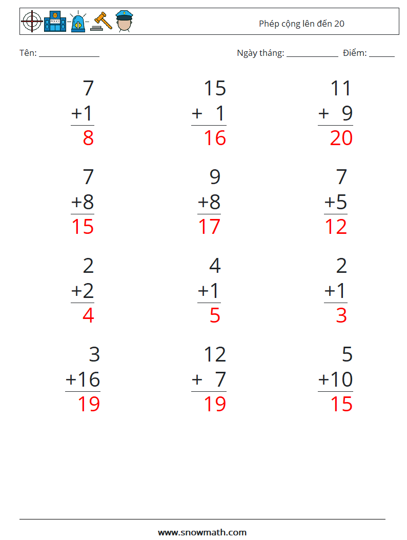 (12) Phép cộng lên đến 20 Bảng tính toán học 15 Câu hỏi, câu trả lời