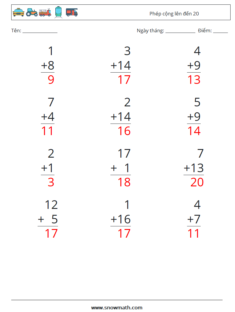 (12) Phép cộng lên đến 20 Bảng tính toán học 16 Câu hỏi, câu trả lời