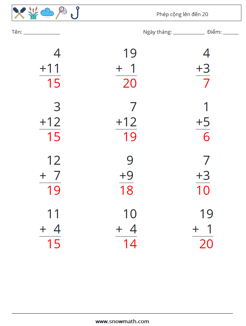 (12) Phép cộng lên đến 20 Bảng tính toán học 17 Câu hỏi, câu trả lời