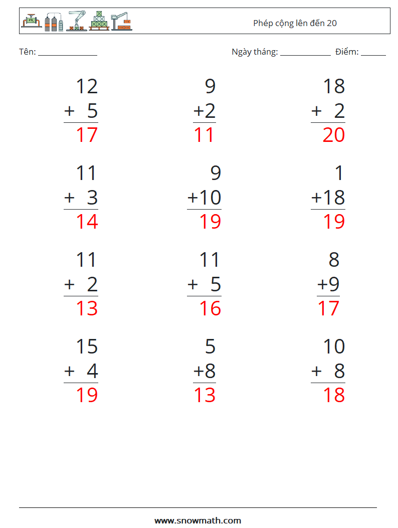 (12) Phép cộng lên đến 20 Bảng tính toán học 18 Câu hỏi, câu trả lời