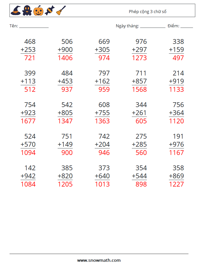 (25) Phép cộng 3 chữ số Bảng tính toán học 13 Câu hỏi, câu trả lời