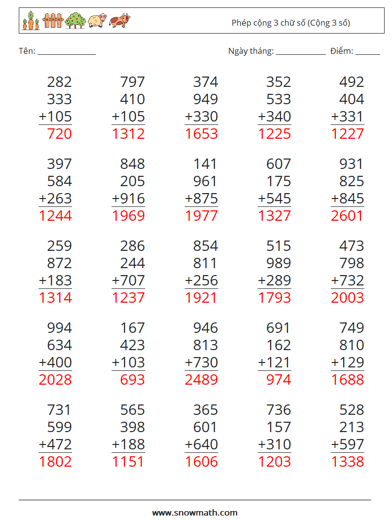 (25) Phép cộng 3 chữ số (Cộng 3 số) Bảng tính toán học 12 Câu hỏi, câu trả lời