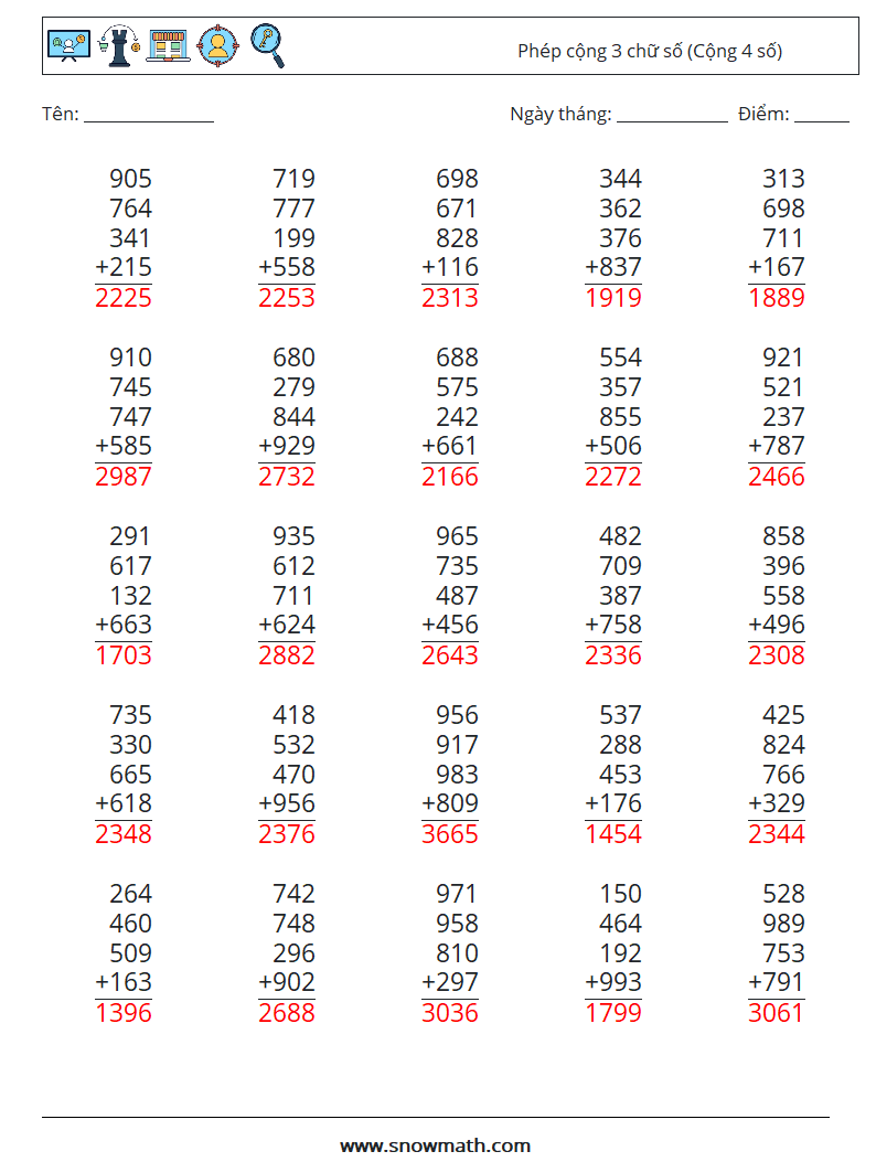 (25) Phép cộng 3 chữ số (Cộng 4 số) Bảng tính toán học 15 Câu hỏi, câu trả lời