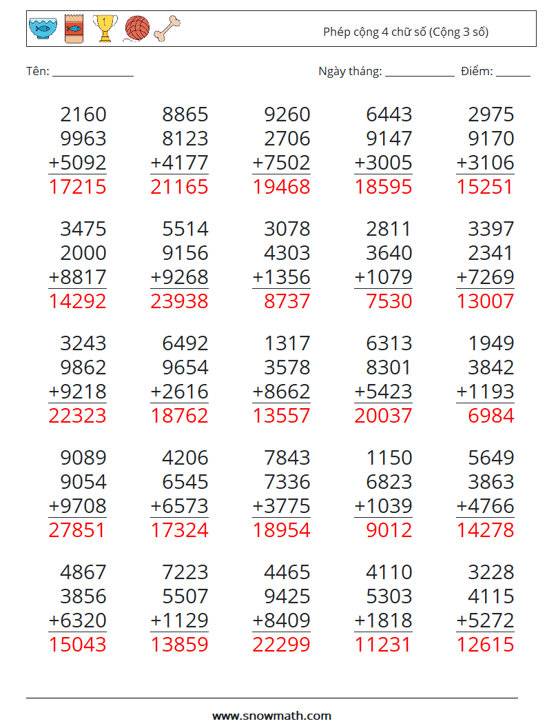 (25) Phép cộng 4 chữ số (Cộng 3 số) Bảng tính toán học 10 Câu hỏi, câu trả lời
