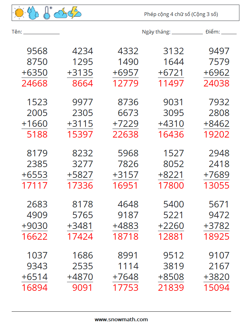 (25) Phép cộng 4 chữ số (Cộng 3 số) Bảng tính toán học 11 Câu hỏi, câu trả lời