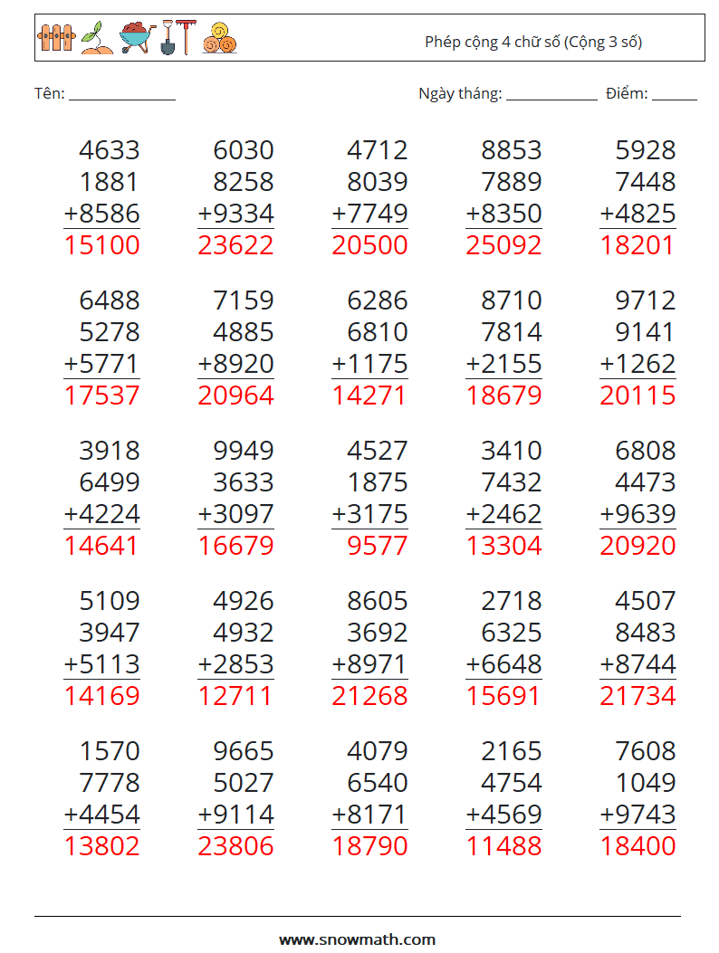 (25) Phép cộng 4 chữ số (Cộng 3 số) Bảng tính toán học 13 Câu hỏi, câu trả lời
